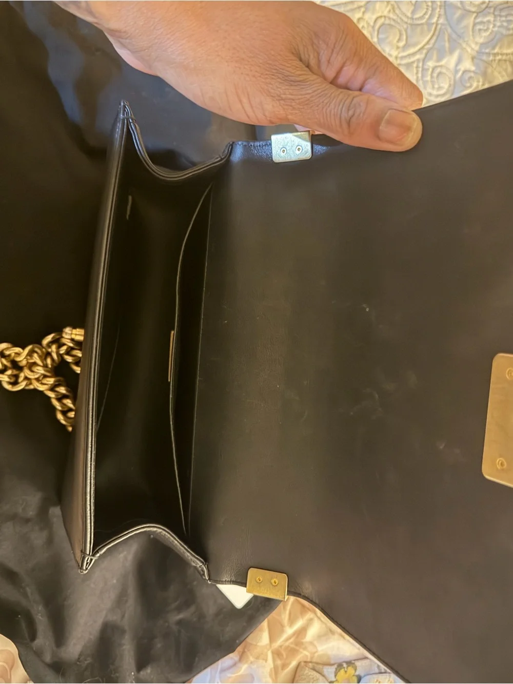 CHANEL Black Faux Fur Boy Shoulder Bag with Gold Hardware